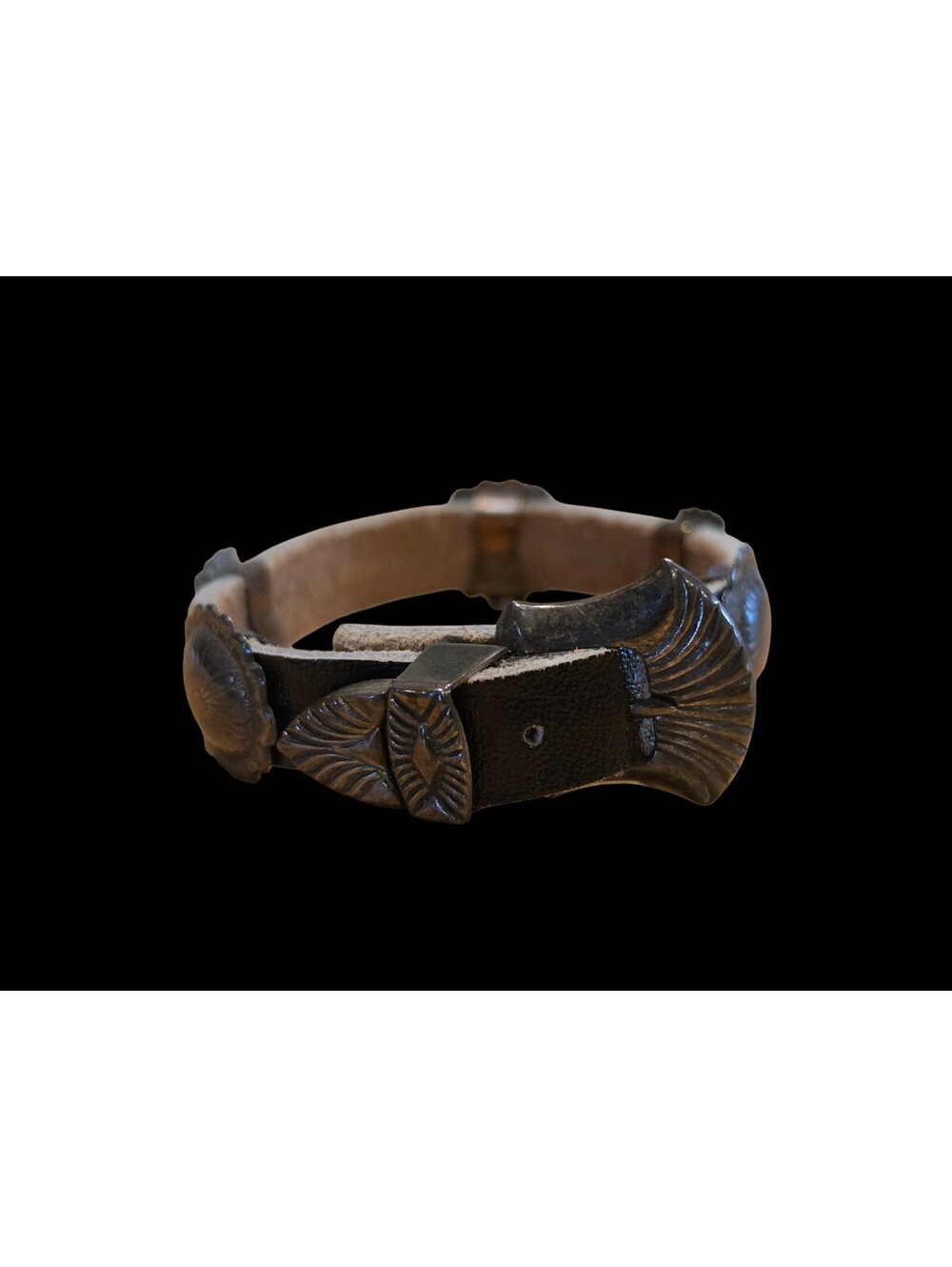 Vtg Native American Navajo Sterling Concho Style Leather Bracelet, 9in Long
